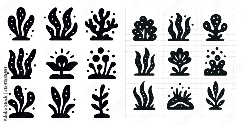 Obraz premium Nature and plant silhouette icons set – solid, filled, botanical clipart symbols