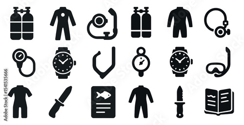 Scuba diving solid icons set – filled, underwater exploration, snorkel gear symbols