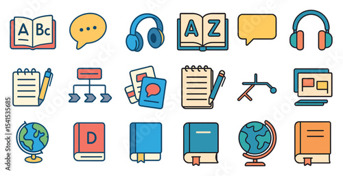 Education and learning flat icons set – filled, outline, school and study symbols