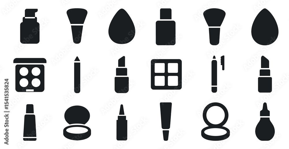 Obraz premium Makeup and beauty solid icons set – filled, cosmetic, skincare essentials