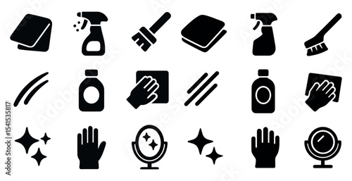 Cleaning and maintenance silhouette icons set – home, tools, hygiene graphics
