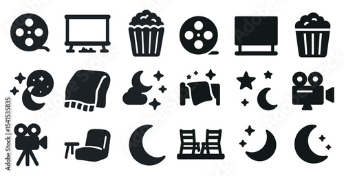 Cinema and movie solid icons set – filled, flat, film and entertainment symbols