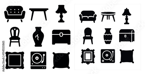 Furniture and decor silhouette icons set – solid, home interior, furnishing symbols