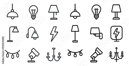 Home lighting outline icons set – lamps, chandeliers, and light bulb symbols