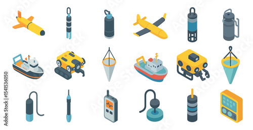 Marine exploration isometric icons set – 3d, underwater, ocean research symbols