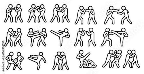 Martial arts outline icons set – silhouette, fighting, self-defense symbols