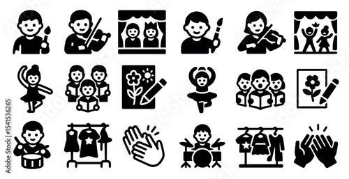 Performing arts silhouette icons set – theater, dance, music visuals