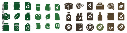 Eco-friendly packaging solid icons set – flat, filled, recyclable and sustainable symbols