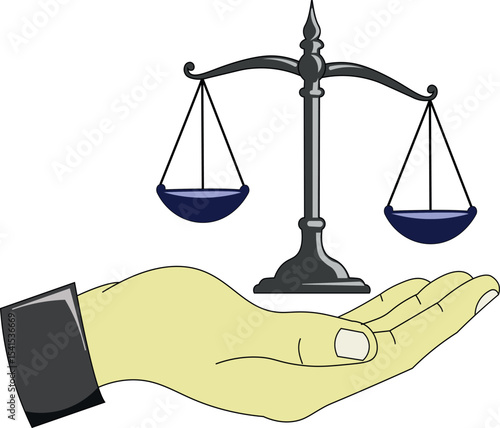  illustration of a justice scale held in a human hand, symbolizing equality, fairness, and law, set for International Justice Day