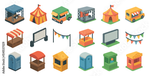 Festival and event isometric icons set – 3d, outdoor, celebration symbols