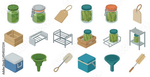 Pickling and canning icons set – isometric, storage, food preservation symbols