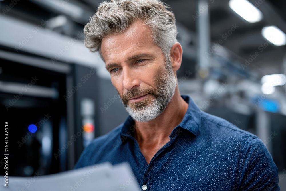 Fototapeta premium Middle-aged man examining documents in a modern office setting with advanced technology present