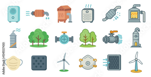 Air quality and environment flat icons set – pollution, sustainability, clean energy