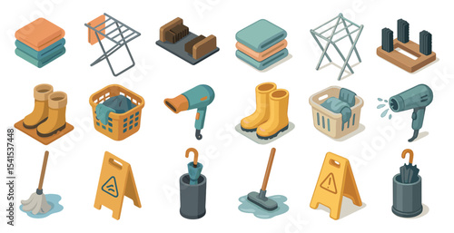 Household chores isometric icons set – cleaning, organizing and home task symbols
