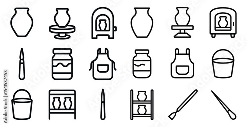 Pottery and ceramics outline icons set – craft, linear, art and kiln symbols