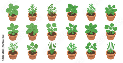 Potted plants outline icons set – flat, garden, herbal and botanical symbols