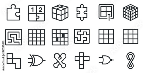 Puzzle and logic outline icons set – linear, brainteasers, educational tools