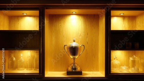 Brightly lit trophy case with single shining cup inside, symbol of rare and valuable success