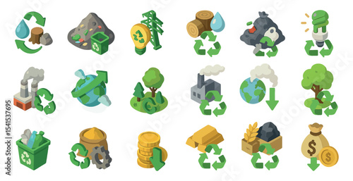 Recycling and green living isometric icons set – eco, environment, sustainable symbols