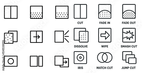 Film editing outline icons set – cinematic, transition, video symbols
