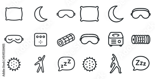 Sleep and relaxation line icons set – outline, dream, rest and bedtime symbols
