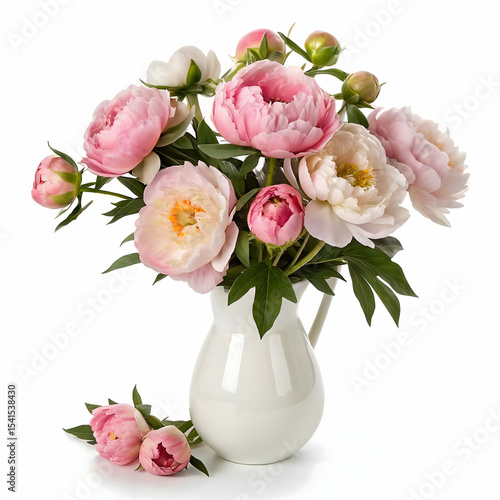 3D peony bouquet arranged in a white ceramic vase rendered on a clean white background for floral decor

