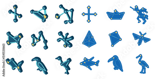 Animals and astronomy icons set – outline, silhouette, wildlife and stargazing symbols