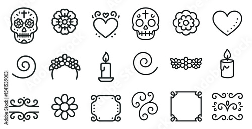 Day of the dead icons set – outline, linear, skull and floral symbols