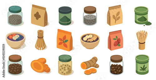 Herbal ingredients isometric icons set – spice, tea, natural food symbols