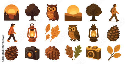 Autumn nature icons set – flat, filled, seasonal and outdoor illustration symbols