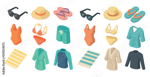 Beachwear and accessories icons set – isometric, summer, swimwear collection symbols