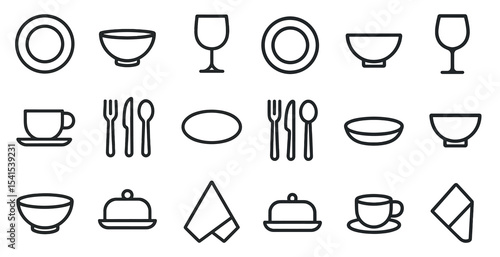 Dining and tableware line icons set – outline, flat, kitchen and cutlery symbols