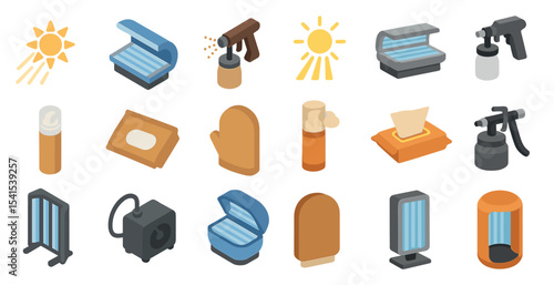 Tanning and sun protection icons set – isometric, filled, uv safety symbols