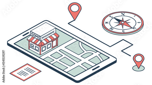 Isometric illustration of a mobile device displaying a map with a store and location markers shown