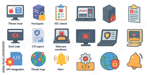 Cybersecurity and threat intelligence icons set – filled, flat, network protection symbols