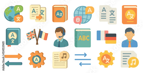 Language learning flat icons set – education, translation, multilingual design