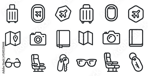 Travel and tourism line icons set – outline, flat, vacation planning symbols