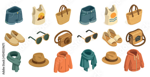 Fashion and accessories isometric icons set – style, clothing, trendy wardrobes