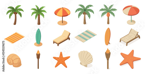 Beach and relaxation isometric icons set – vacation, seaside, tropical elements