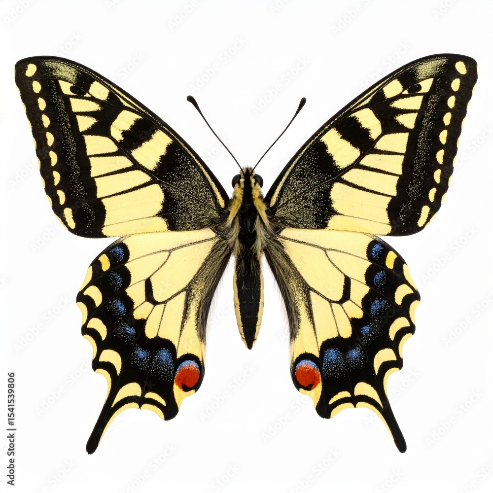 Fototapeta premium Colored Papilio Machaon butterfly close view over white background