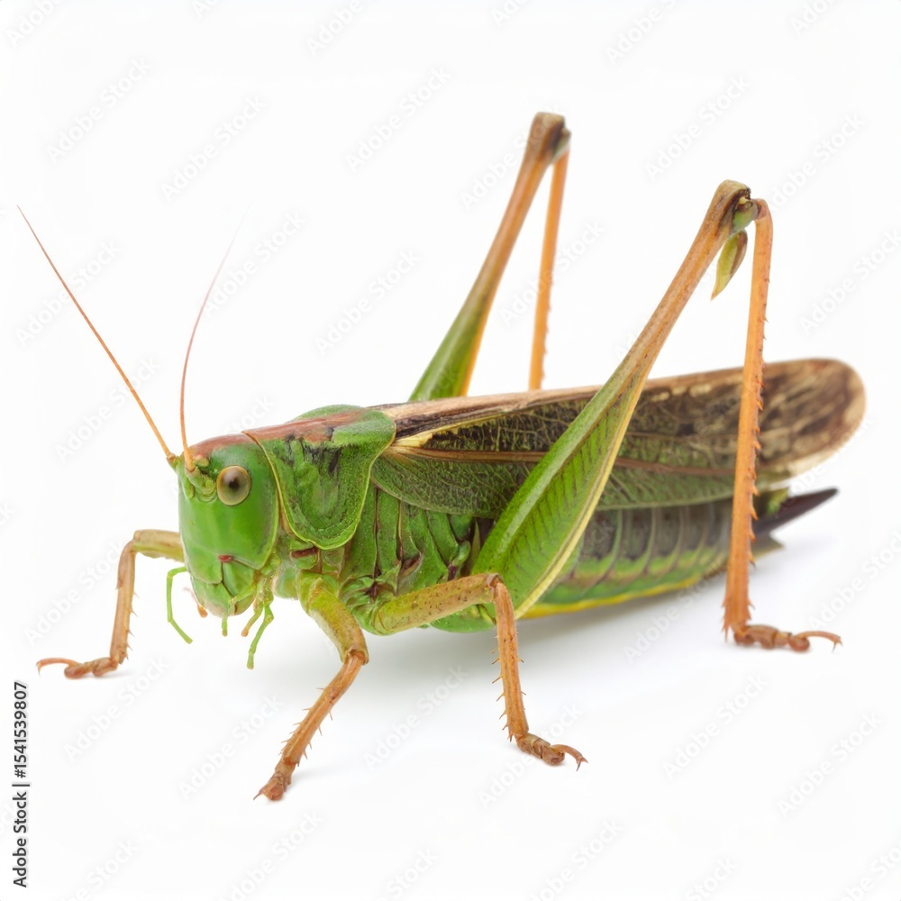 Fototapeta premium Grasshopper close view over white background, no shadow