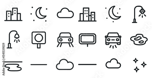 Urban and nighttime outline icons set – linear, cityscape, moonlight symbols