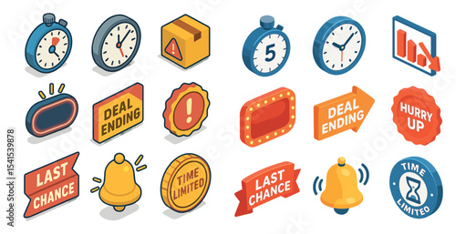 Urgency and timing isometric icons set – time management, reminders, notifications