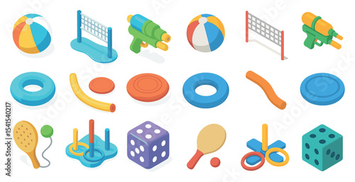 Beach and summer isometric icons set – 3d, aquatic, leisure and play symbols