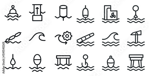 Marine and offshore outline icons set – linear, silhouette, nautical and wave symbols