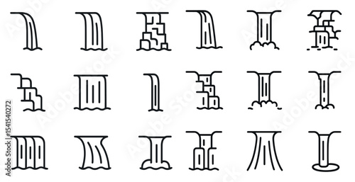 Waterfall outline icons set – linear, nature, cascading symbols for design