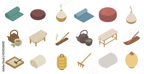 Zen and wellness icons set – isometric, soothing, spa and relaxation symbols