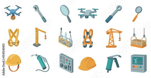 Construction and engineering icons set - isometric, 3d, tools and safety symbols