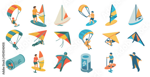 Kitesurfing and hang gliding isometric icons set – air sports, adventure graphics