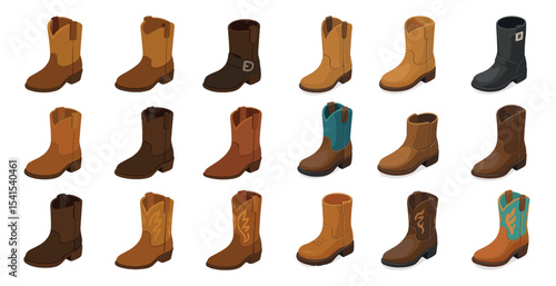 Western boots isometric icons set – footwear, shoe, cowboy style graphics